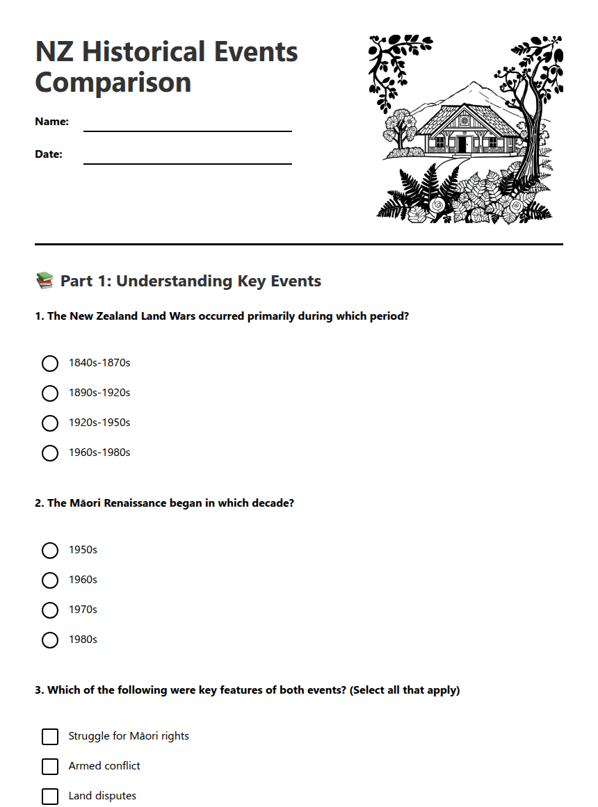 NZ Historical Events Comparison worksheet preview