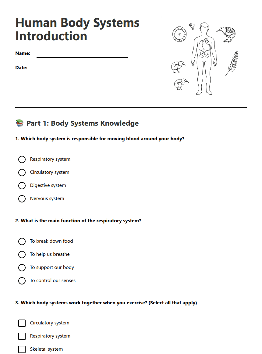 Human Body Systems Introduction worksheet preview