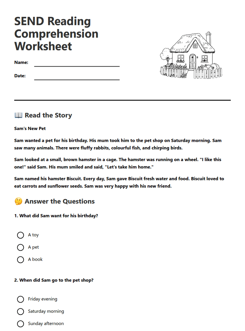SEND Reading Comprehension Worksheet