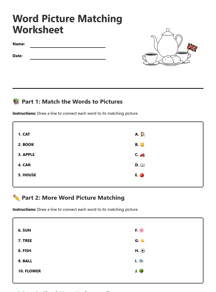 Word Picture Matching Worksheet worksheet preview