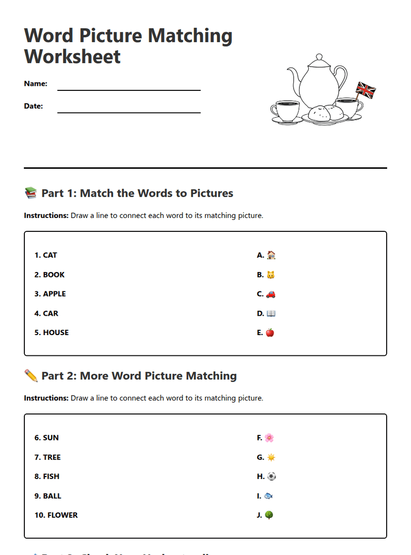 Word Picture Matching Worksheet