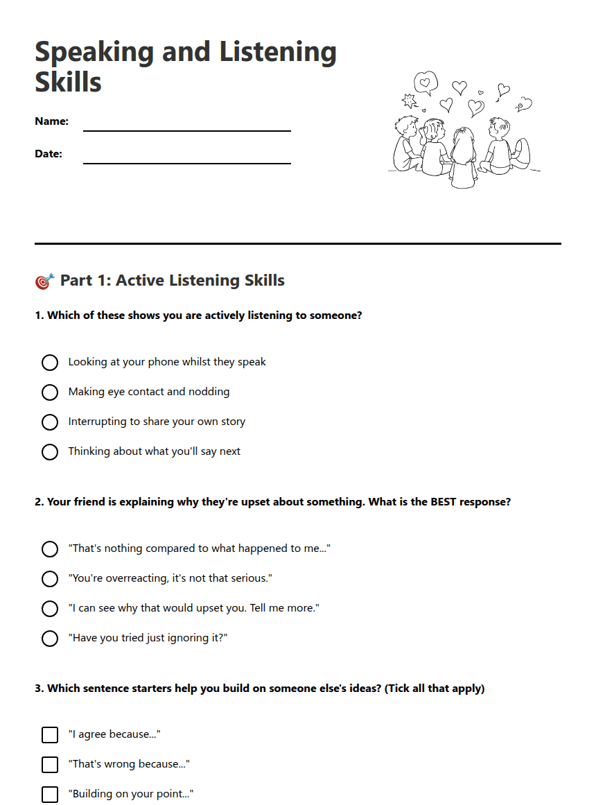 Speaking and Listening Skills worksheet preview