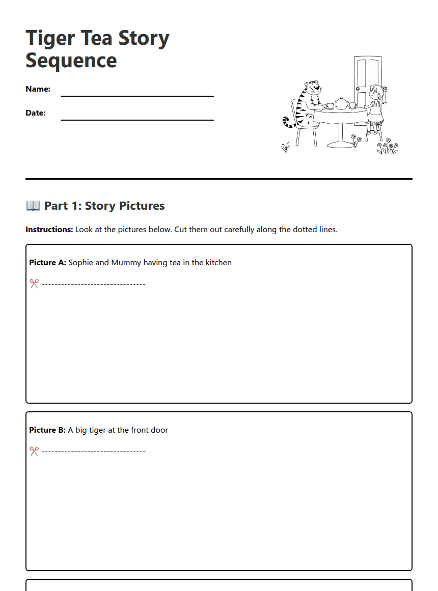 Tiger Tea Story Sequence worksheet preview