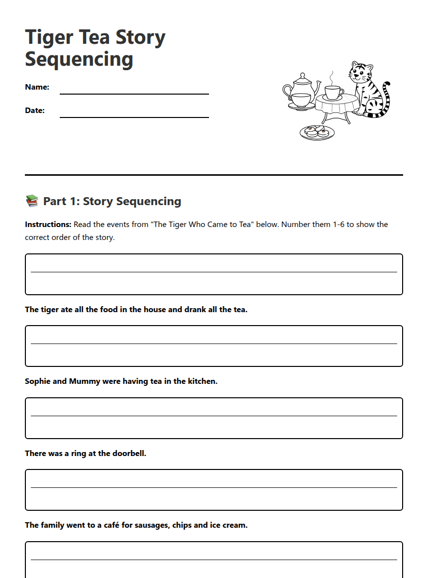 Tiger Tea Story Sequencing worksheet preview