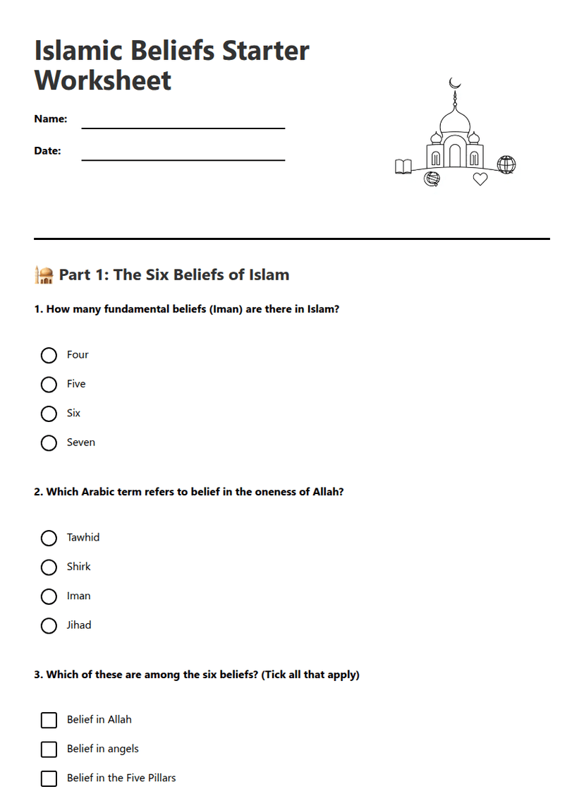 Islamic Beliefs Starter Worksheet