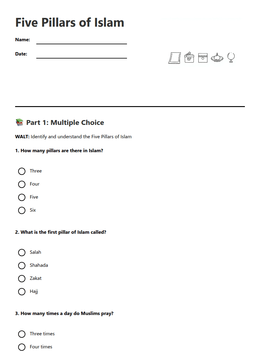 Five Pillars of Islam worksheet preview
