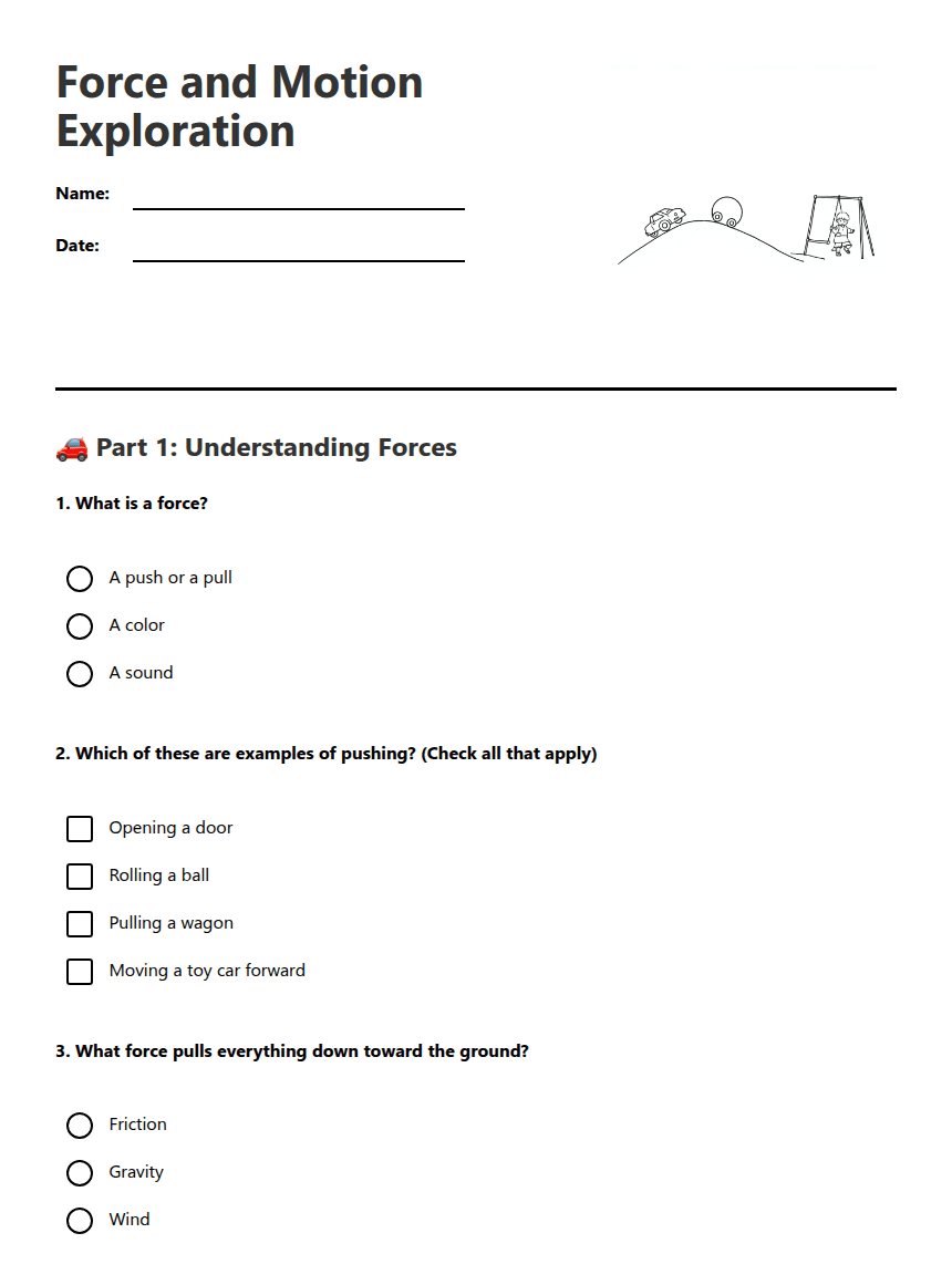 Force and Motion Exploration worksheet preview