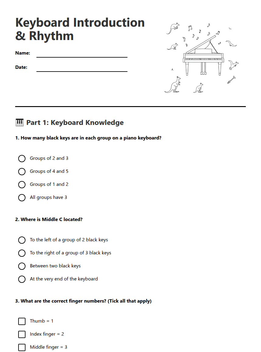 Keyboard Introduction & Rhythm worksheet preview