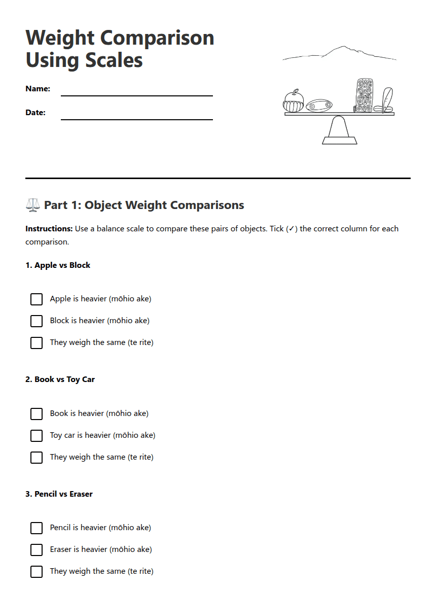 Weight Comparison Using Scales worksheet preview