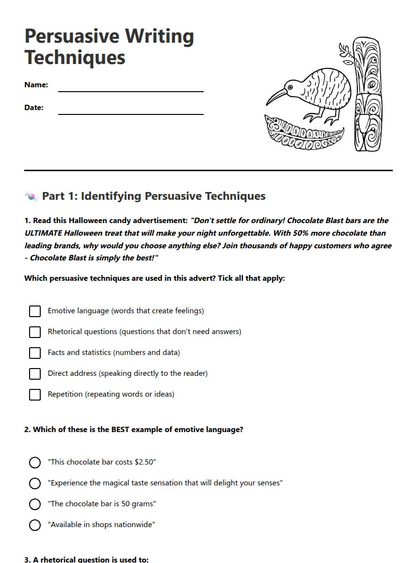 Persuasive Writing Techniques worksheet preview