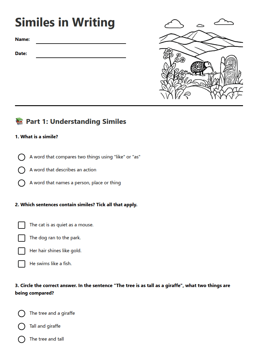 Similes in Writing worksheet preview