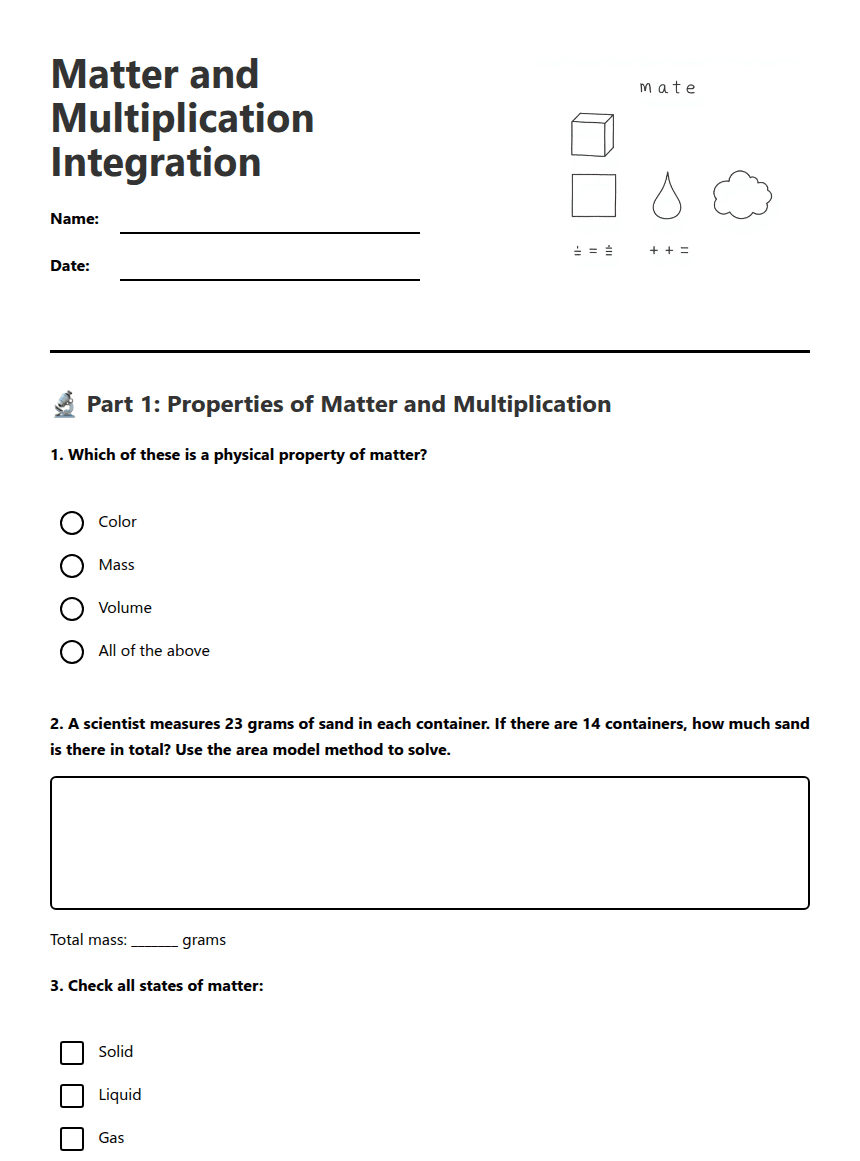 Matter and Multiplication Integration worksheet preview