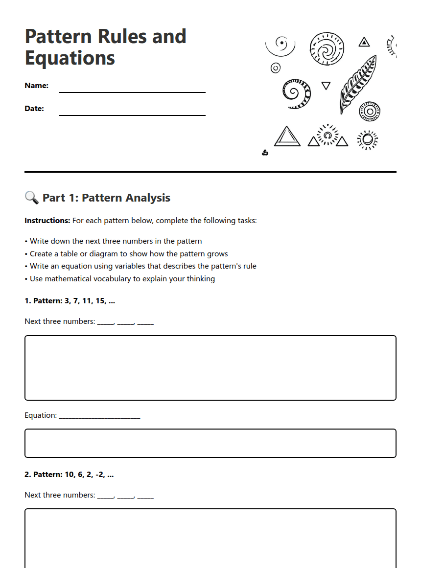Pattern Rules and Equations worksheet preview