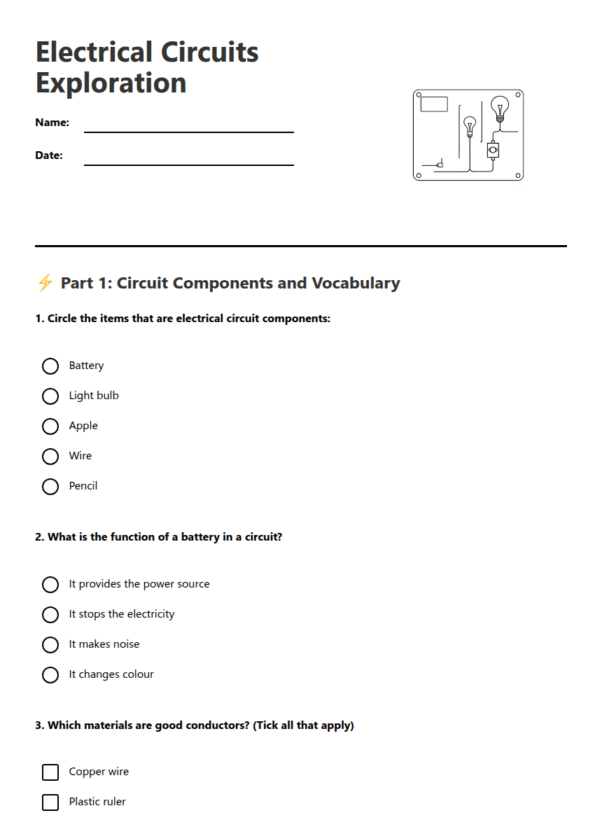 Electrical Circuits Exploration worksheet preview