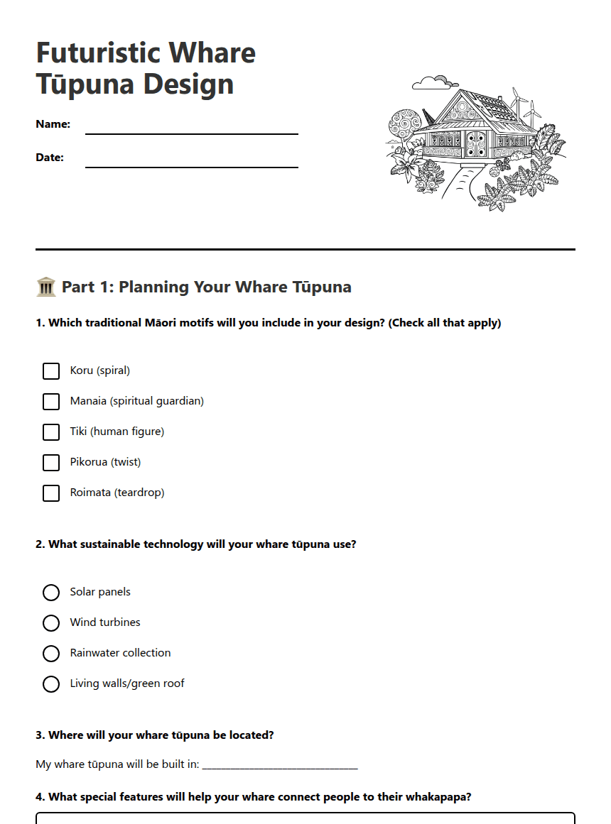 Futuristic Whare Tūpuna Design worksheet preview