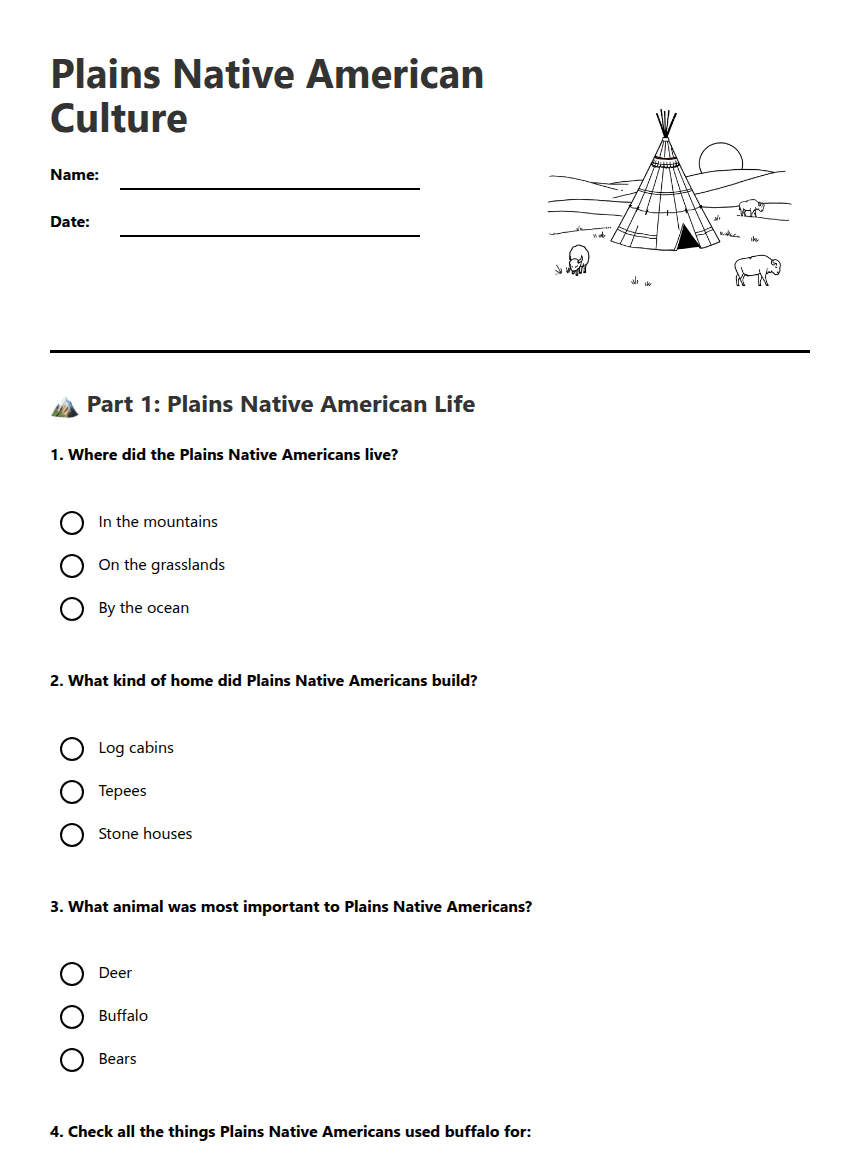 Plains Native American Culture worksheet preview