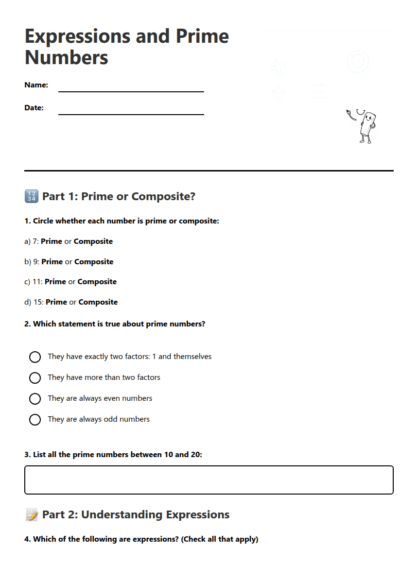 Expressions and Prime Numbers worksheet preview