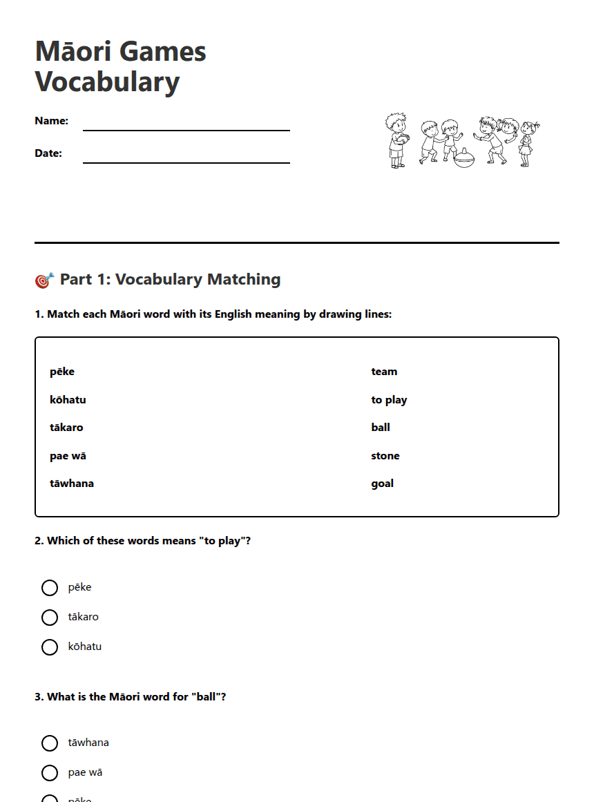 Māori Games Vocabulary worksheet preview