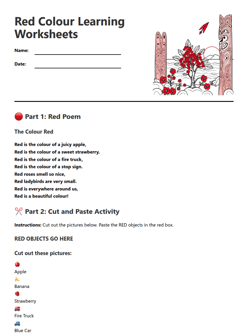 Red Colour Learning Worksheets