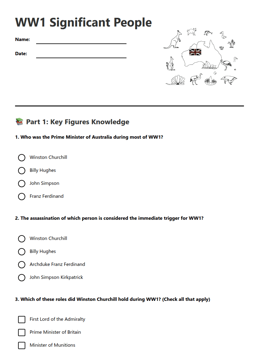 WW1 Significant People worksheet preview