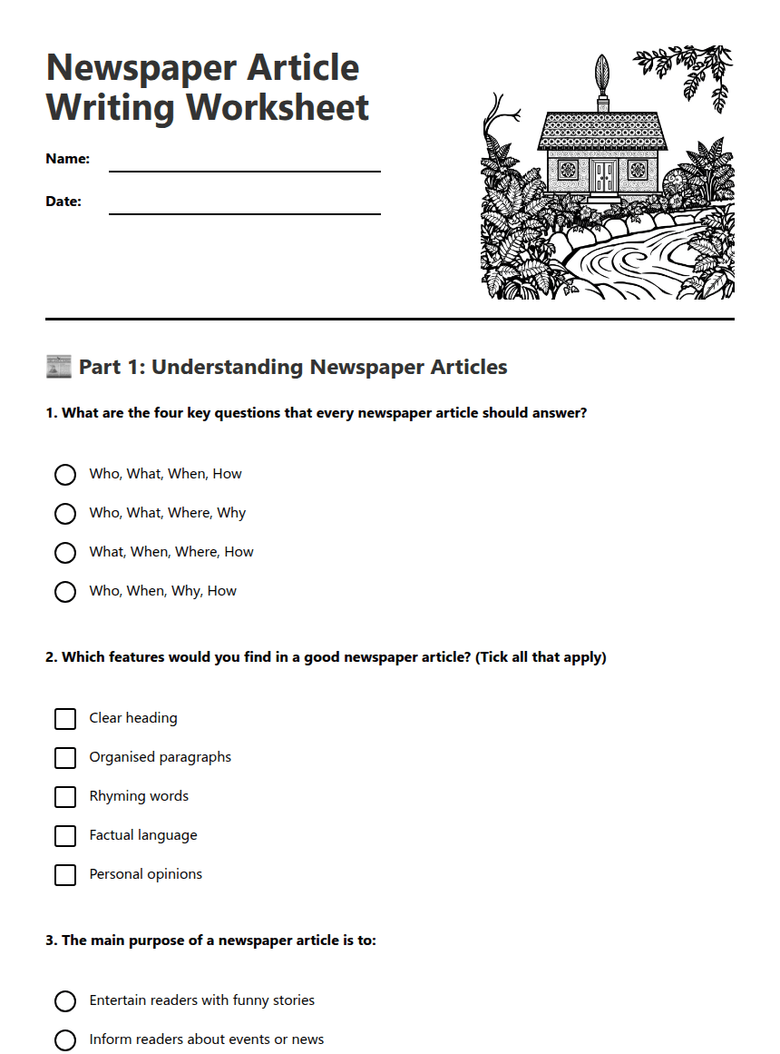 Newspaper Article Writing Worksheet worksheet preview