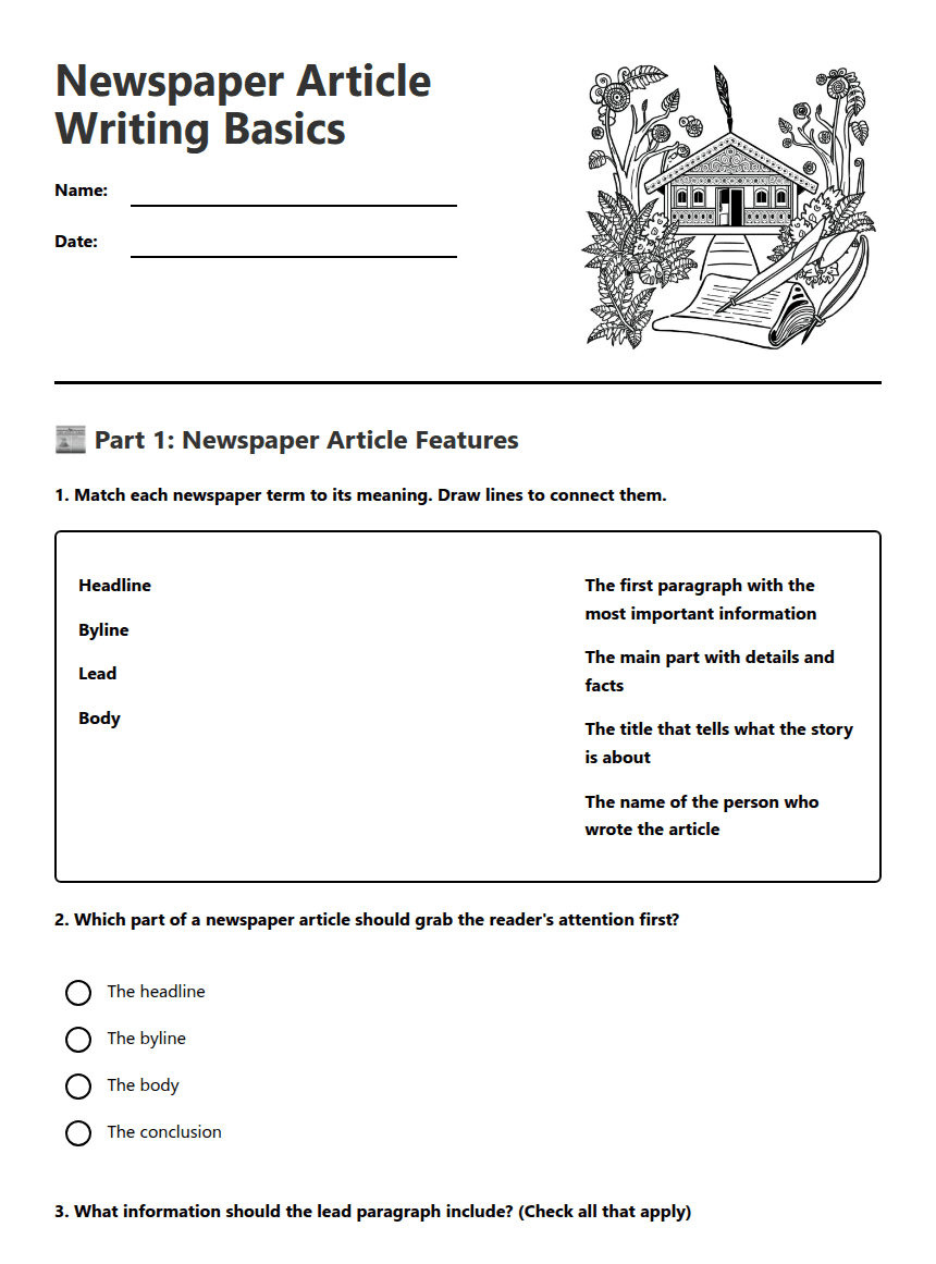 Newspaper Article Writing Basics worksheet preview