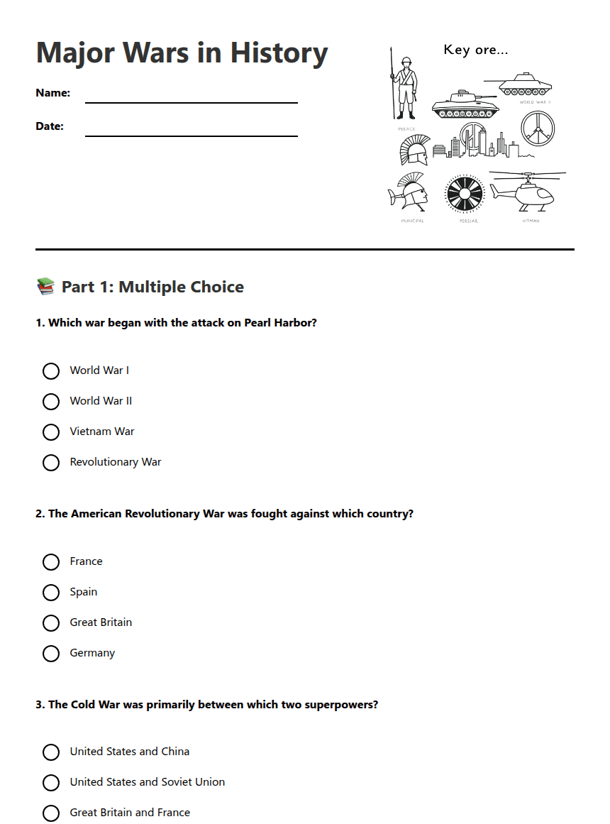 Major Wars in History worksheet preview