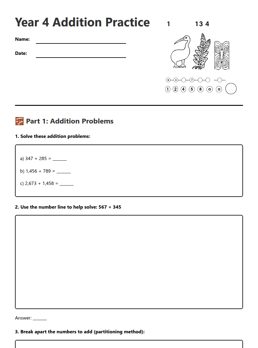 Year 4 Addition Practice worksheet preview