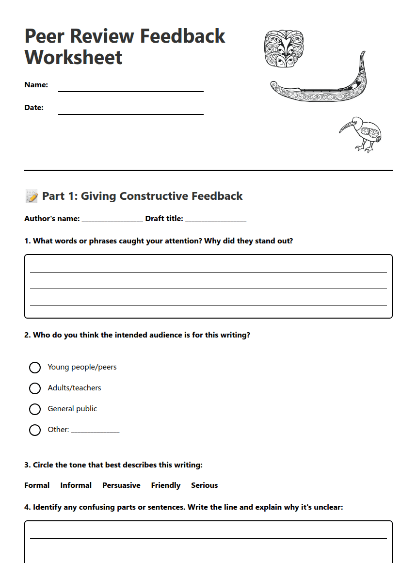 Peer Review Feedback Worksheet worksheet preview