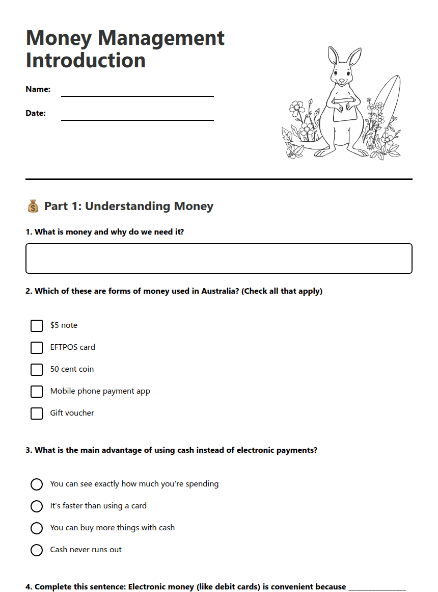 Money Management Introduction worksheet preview