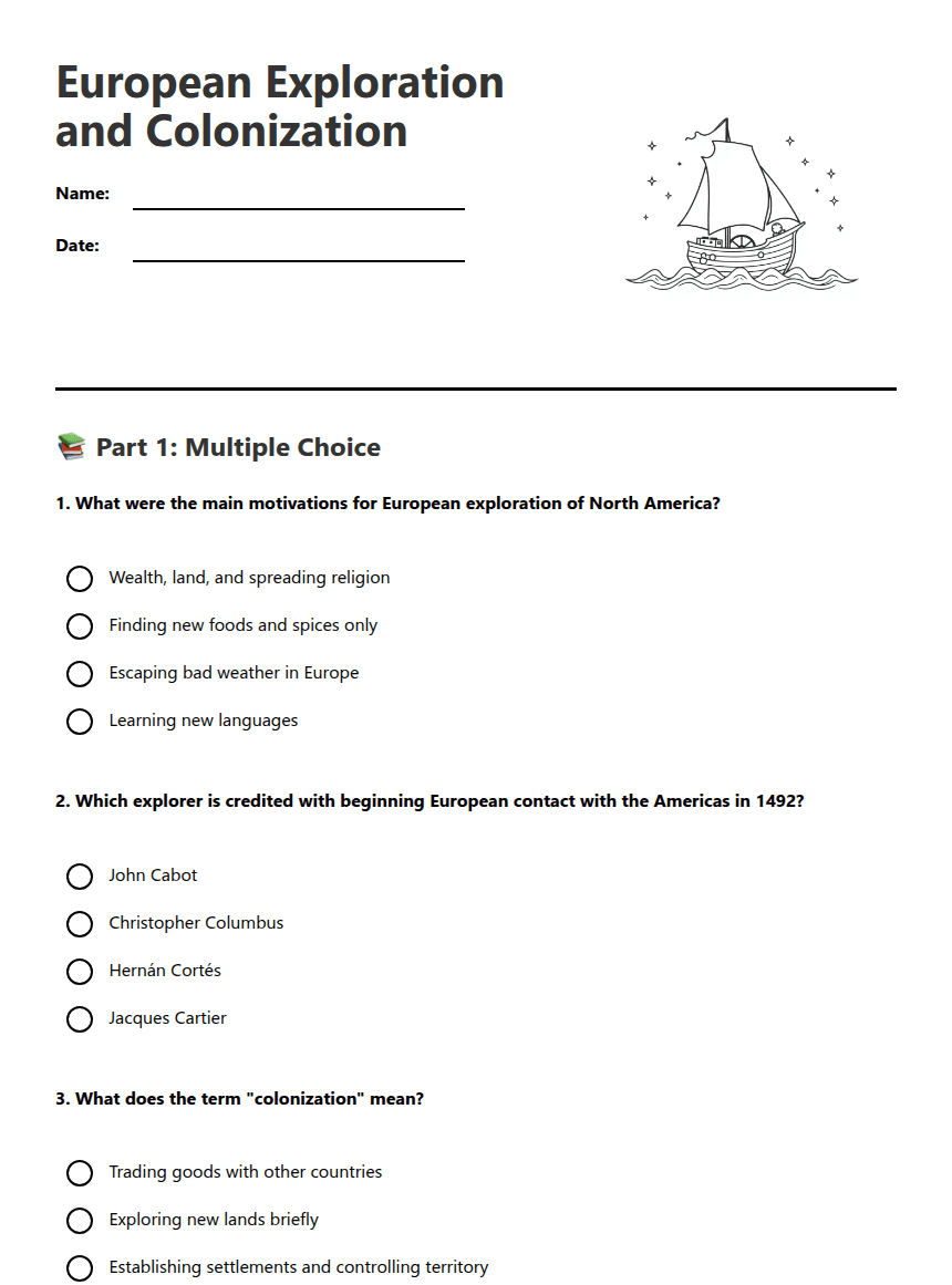 European Exploration and Colonization worksheet preview