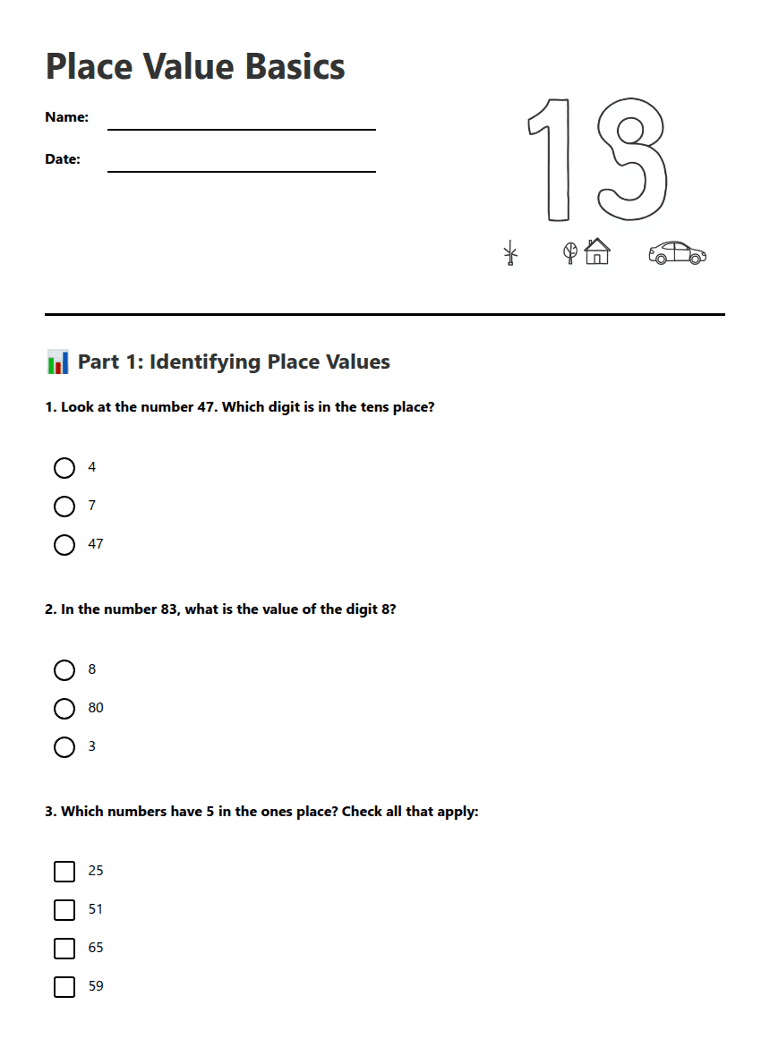 Place Value Basics worksheet preview