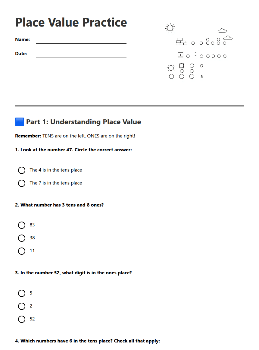 Place Value Practice worksheet preview