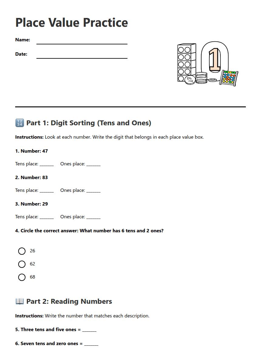 Place Value Practice worksheet preview