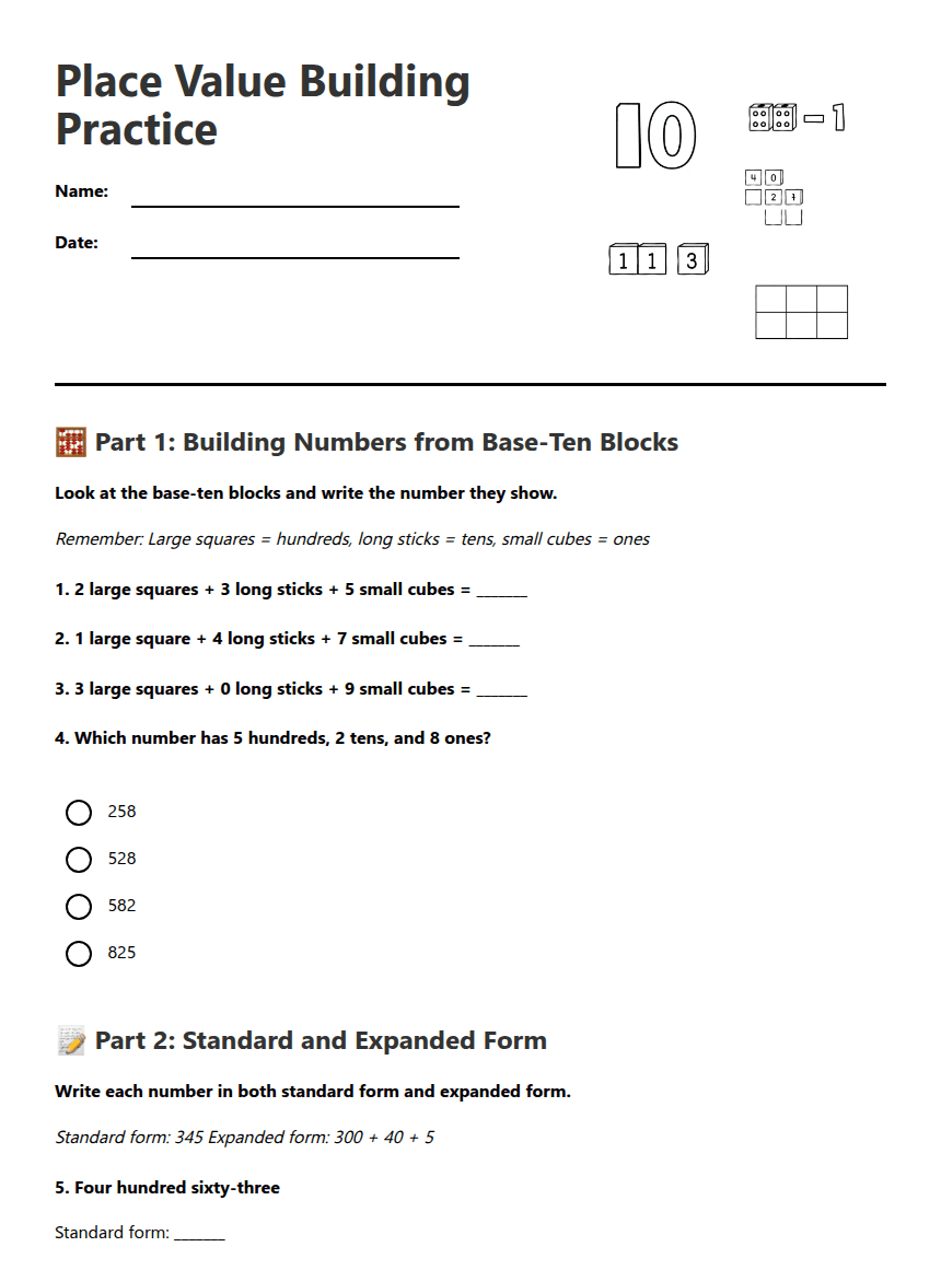 Place Value Building Practice worksheet preview