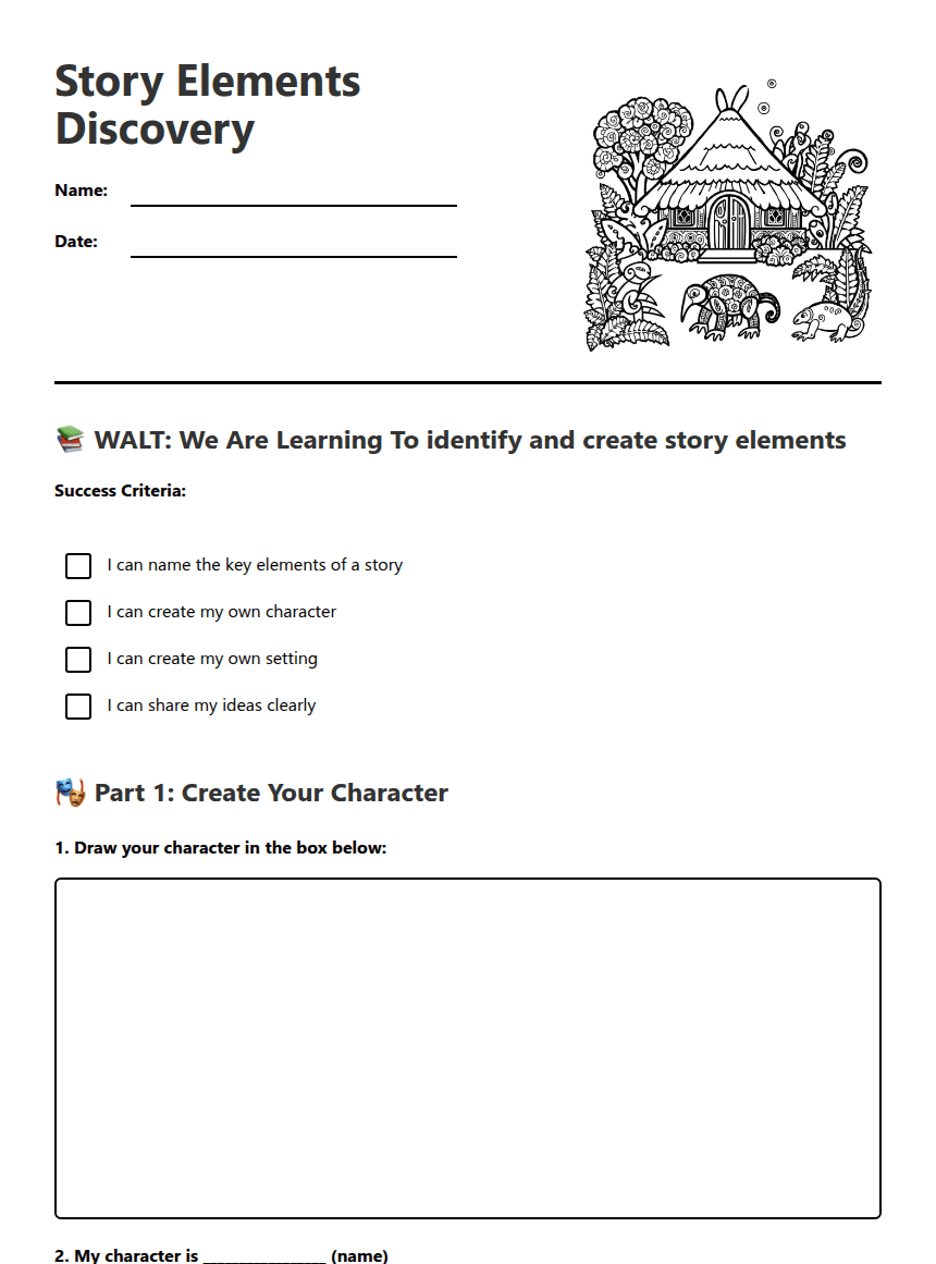Story Elements Discovery worksheet preview