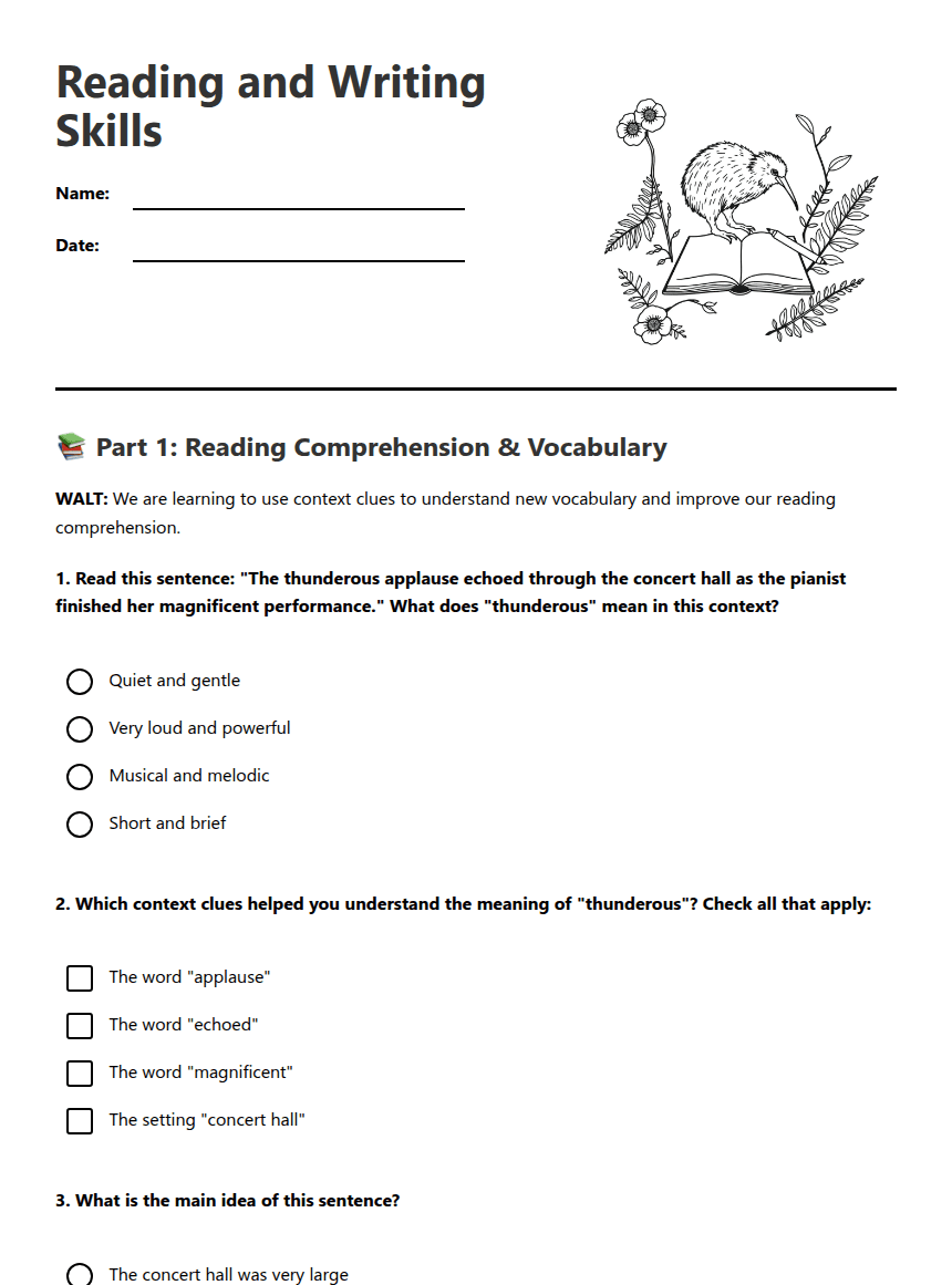 Reading and Writing Skills worksheet preview