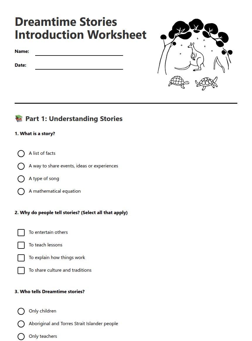 Dreamtime Stories Introduction Worksheet worksheet preview