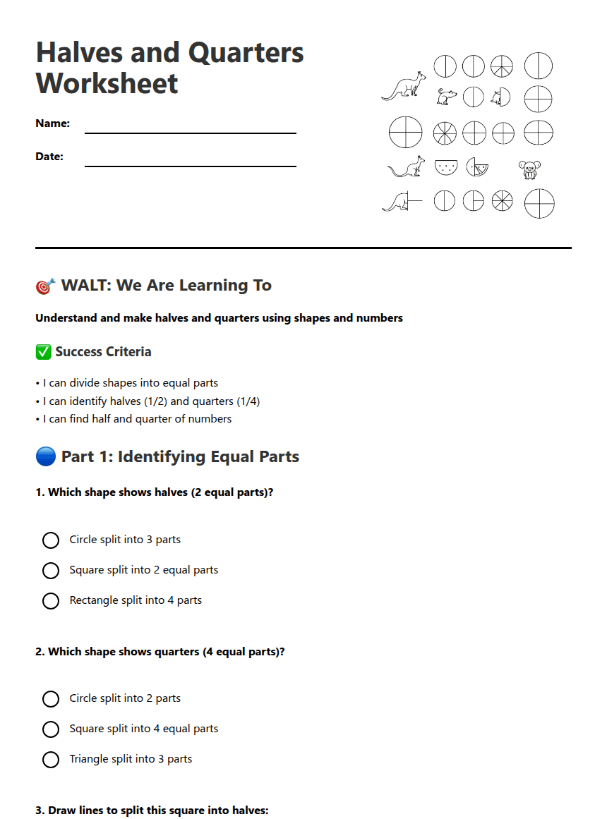 Halves and Quarters Worksheet worksheet preview