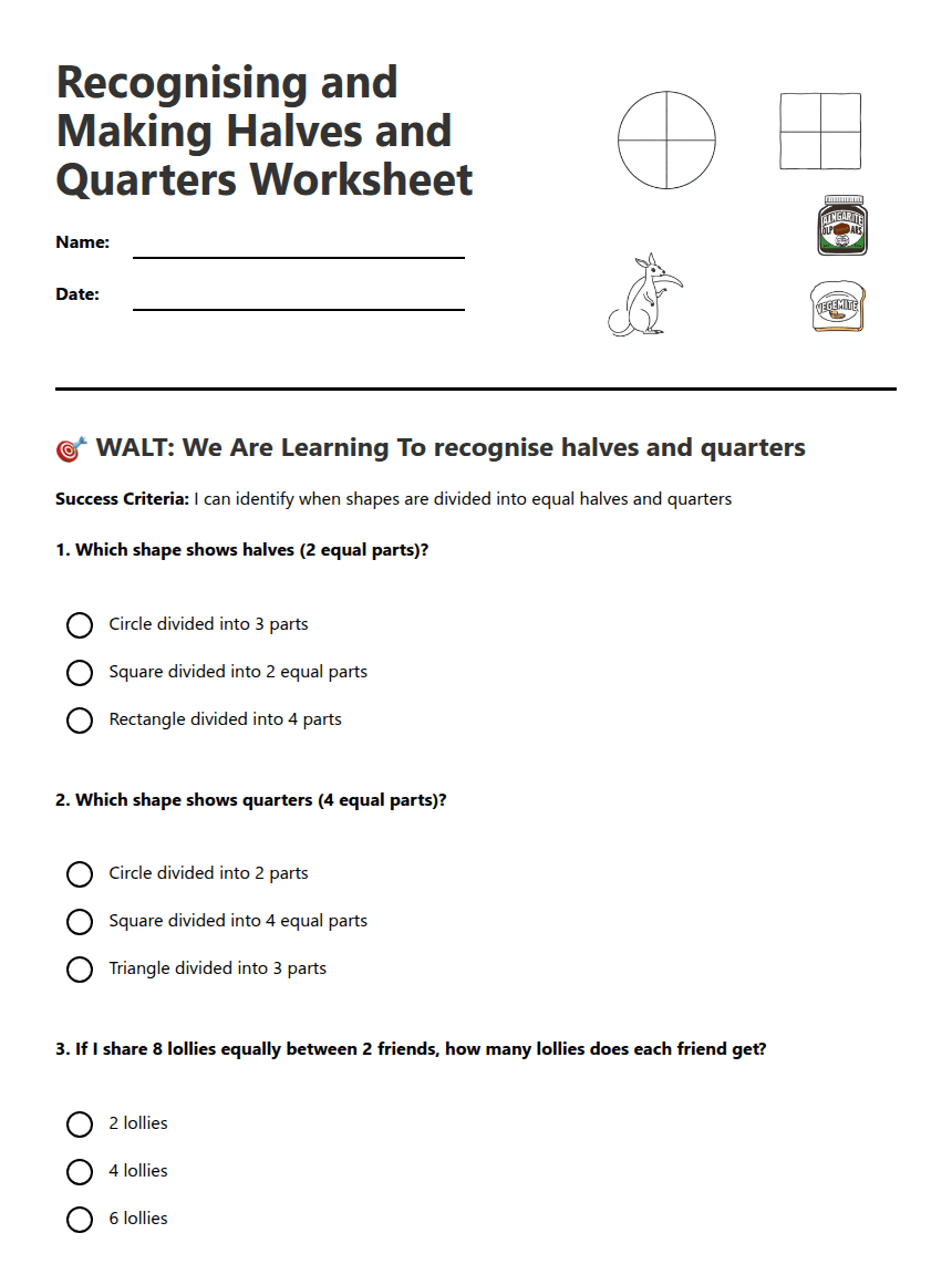 Halves and Quarters Worksheet worksheet preview