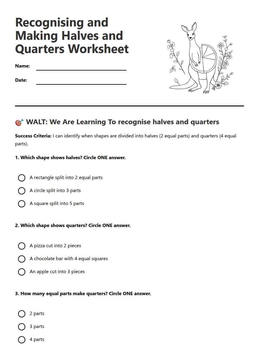 Halves and Quarters Worksheet worksheet preview