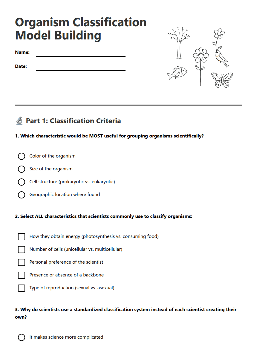 Organism Classification Model Building worksheet preview