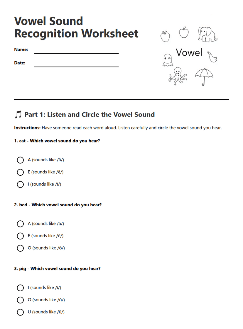 Vowel Sound Recognition Worksheet