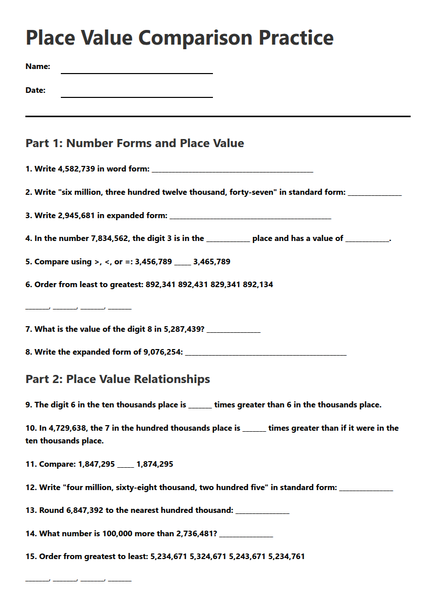 Place Value Comparison Practice