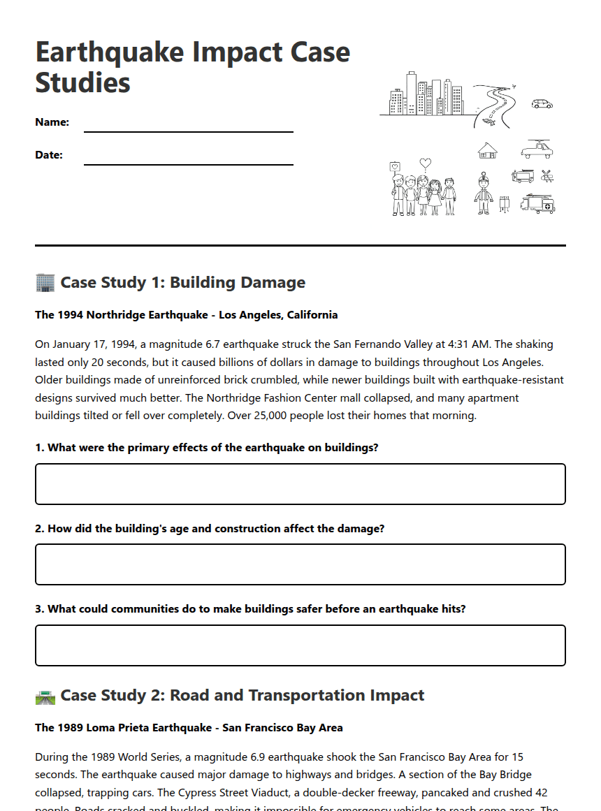 Earthquake Impact Case Studies worksheet preview