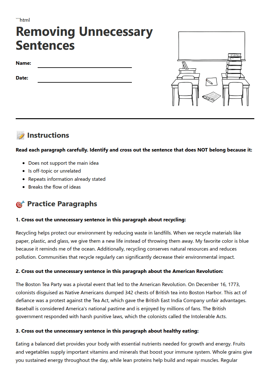Removing Unnecessary Sentences worksheet preview
