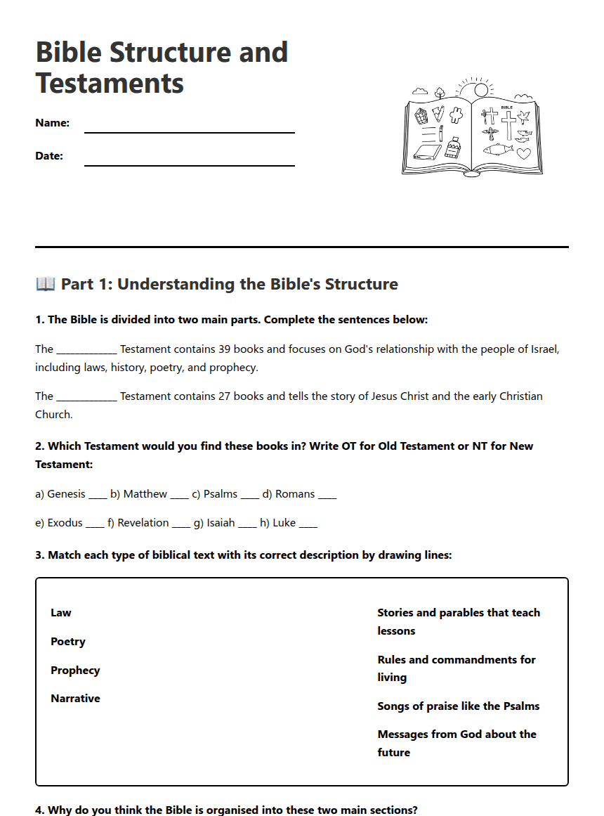 Bible Structure and Testaments worksheet preview