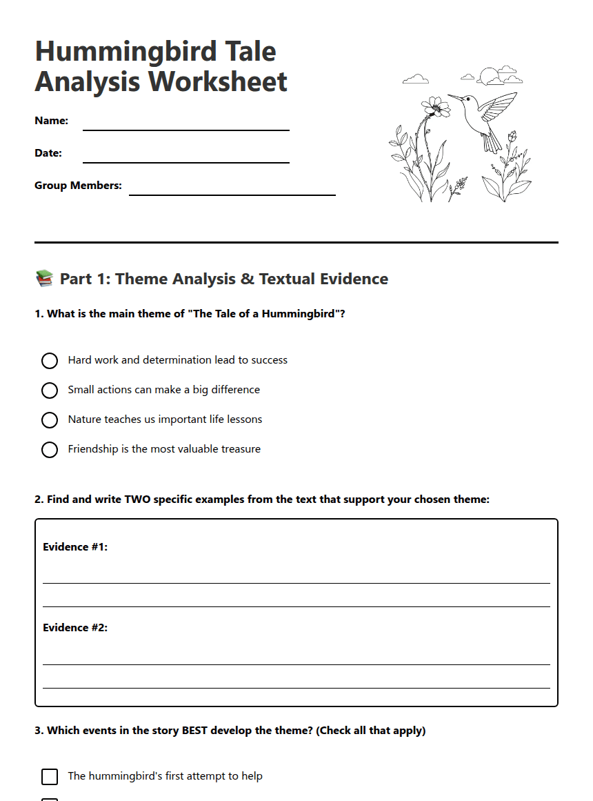 Hummingbird Tale Analysis Worksheet worksheet preview