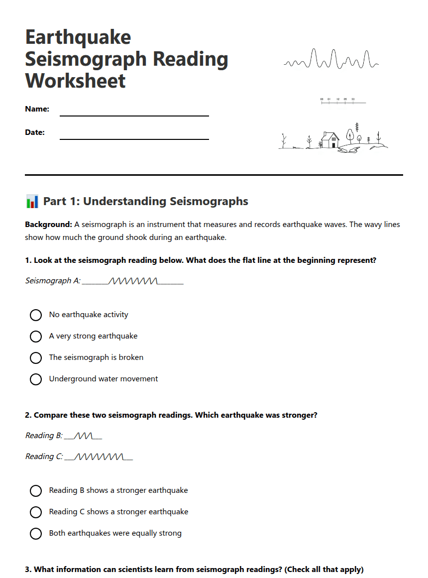 Earthquake Seismograph Reading Worksheet worksheet preview