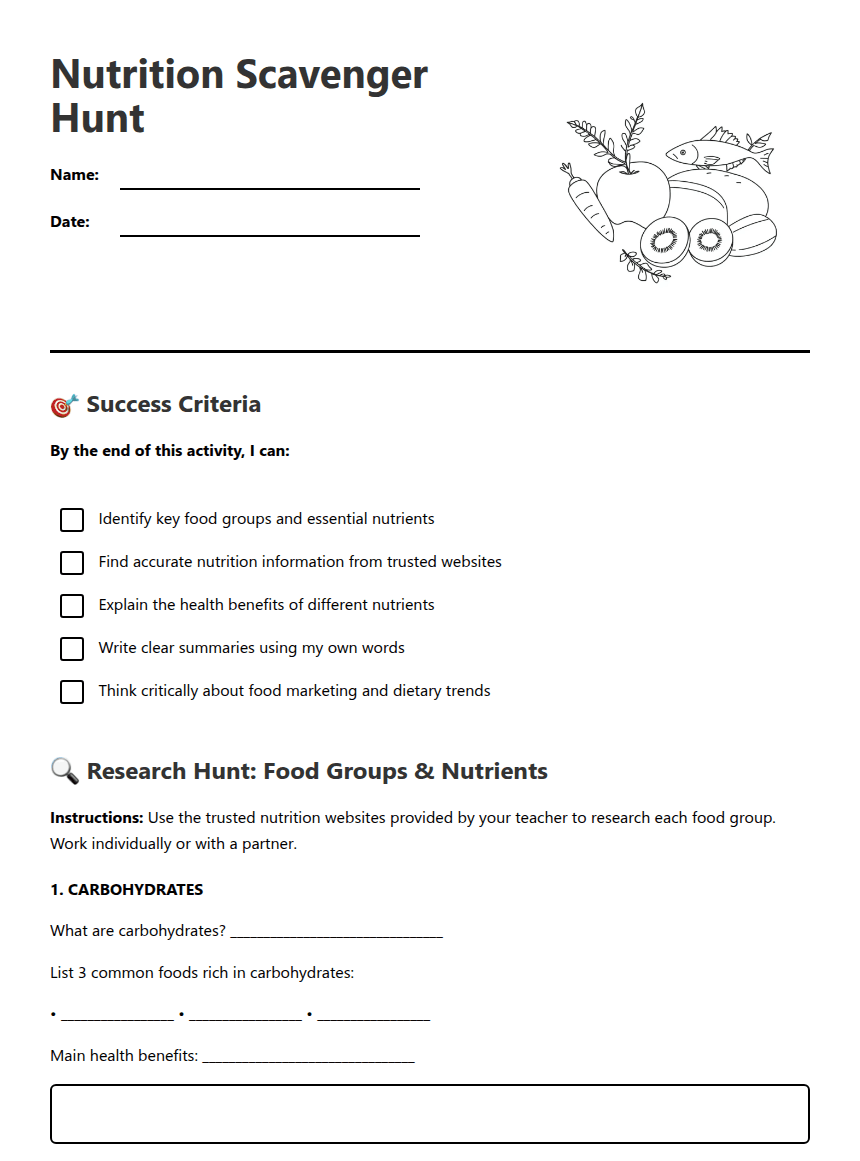 Nutrition Scavenger Hunt worksheet preview